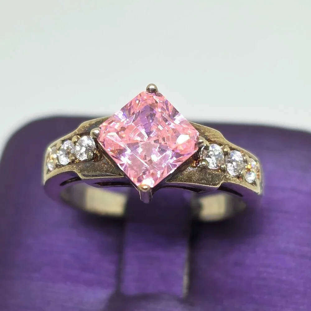 Vintage Sterling Silver Ring with Princess Cut Pink Solitaire Cubic Zirconia